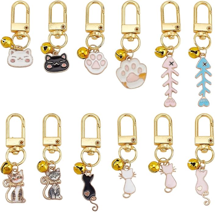 12pcs Cat Dog Collar Bells Charms, Pet Enamel Collar Bells Cat Fishbone Jewelry Bell Charms Cat Paw Alloy Collar Charm Bells for Cat Dog Rabbit Necklace DIY Keyring Pendants Bag Decor