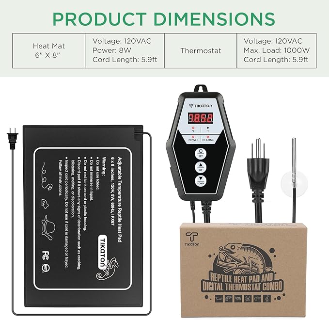 Tikaton Reptile Heating Pad and Digital Thermostat Combo Set, Under Tank Heater for 10-20gal/30-40gal Tank, Terrarium Heat Mat for Turtle/Snake/Lizard/Frog/Spider/Plant Box