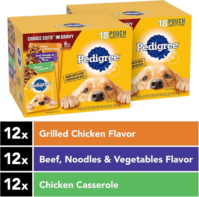 PEDIGREE CHOICE CUTS IN GRAVY Adult Soft Wet Dog Food 18-Count Variety Pack, 3.5 oz Pouches (Pack of 2)