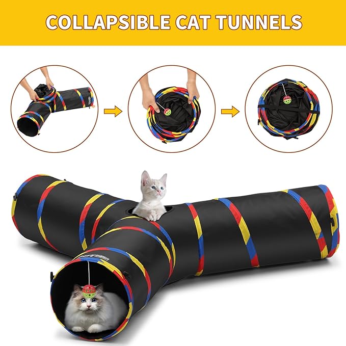 3 Way Large Cat Tunnels for Indoor Cats - Durable & Resistant to Scratching Cat Play Tube Tunnel - Includes Mouse Toy, Bell Ball - Gift for Ferrets & Rabbits (Black)