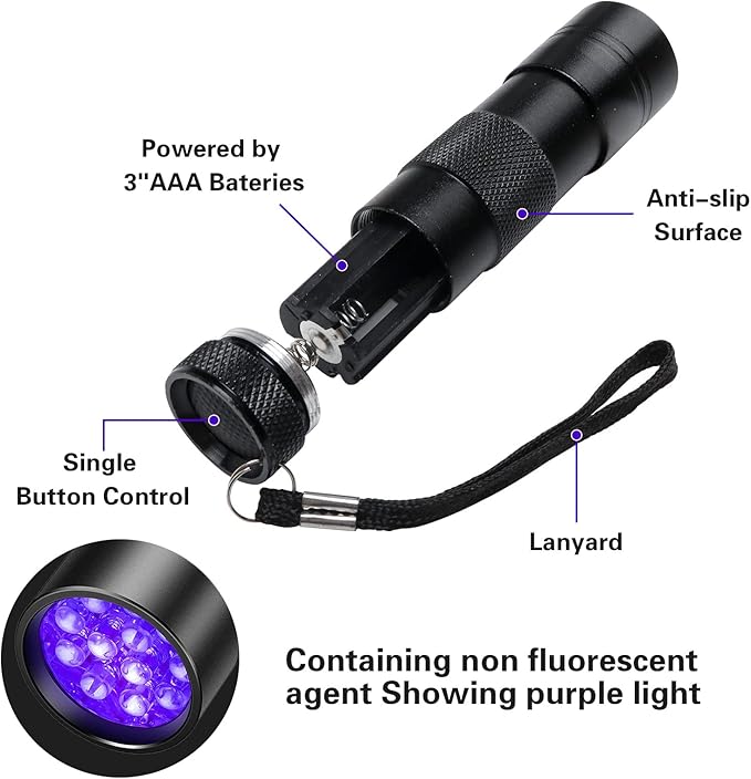 COSOOS Black Light Flashlight, 12LED Small UV Lights 395nm, Portable Black Light Urine Detector for Dog Cat Pet Urine Stain, AAA Batteries Included