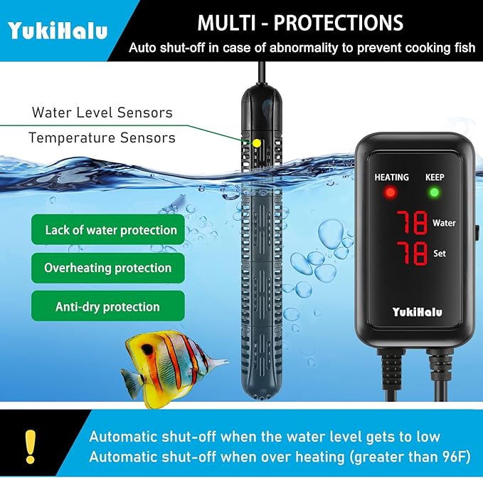 YukiHalu Aquarium Heater 50/100/200/300/500W with Protective Case, Fish Tank Heater, Temperature Adjustable, External Temperature Controller, LED Display, Used for 10/20/40/75/120 Gallons (100W)