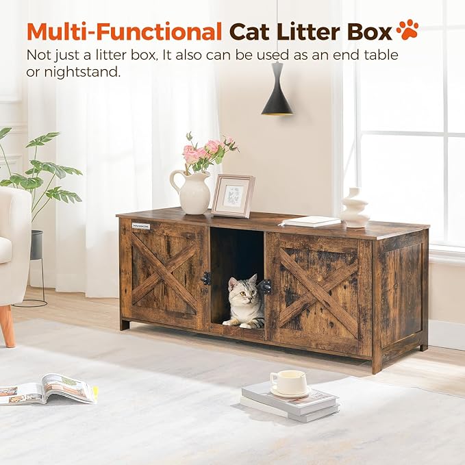 Cat Litter Box Enclosure for 2 Cats, 47.2" Hidden Cat Litter Box Furniture with Double Room, Wooden Cat Washroom with Scratching Board, Indoor Cat House End Table, Rustic Brown CWHR1201