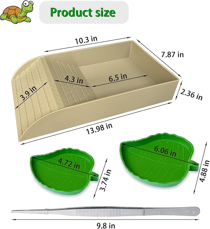 Tortoise Feeding Dish with Ramp and Basking-Platform - Leaf Tortoise Water Food Bowls, Reptile Water Dish Amphibians Habitat, Reptile Water Bowl Fit for Amphibians with Forcep Cleaning Clip