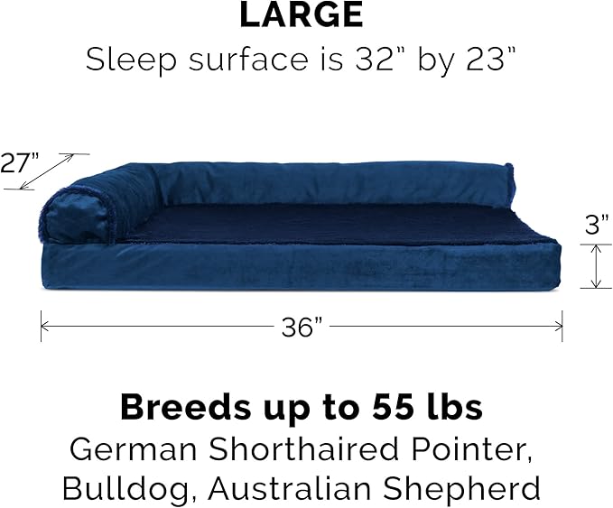 Furhaven Memory Foam Dog Bed for Large/Medium Dogs w/ Removable Bolsters & Washable Cover, For Dogs Up to 55 lbs - Plush & Velvet L Shaped Chaise - Deep Sapphire, Large