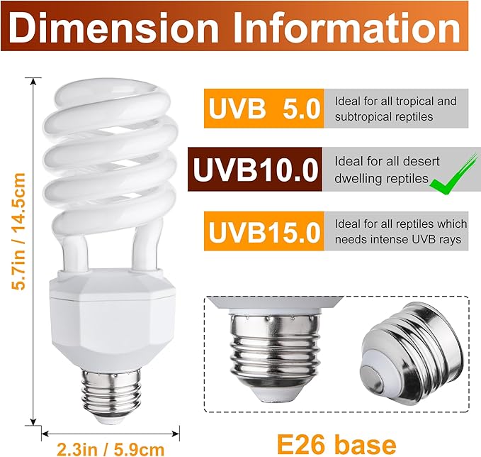 UVB Reptile Light Bulb 10.0, 23W UV Spiral Compact Florescent Terrarium Lamp Ideal for Desert Reptiles Bearded Dragons Lizard Tortoise Iguanas Chameleons Snake - 2 Pack