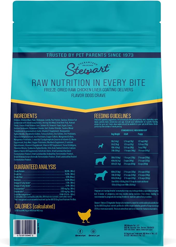 Stewart Dog Food, Raw Coated Chicken & Vegetable Recipe, 4 lb. Bag, Probiotics for Dogs, Made in USA, Chicken Dog Food, Products for Dogs