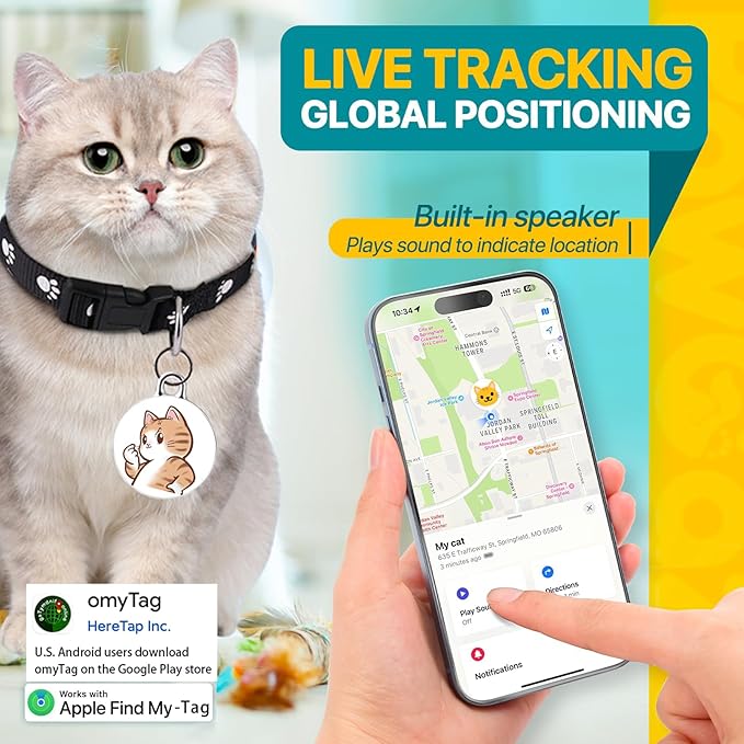 Cat Tracker-Cat Tracker Collar-Pet Trackers | Android and iOS Universal | No Monthly Fee | No Charging Required | Waterproof | Works with Any Collar