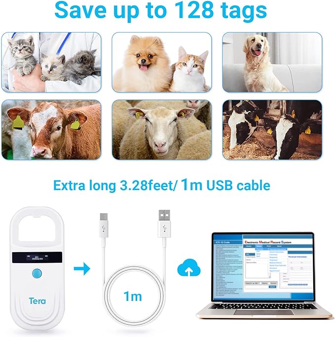 Tera Pet Microchip Reader Scanner with D-Ring RFID Portable Animal Chip ID Scanner with OLED Display Screen Rechargeable Data Storage Tag Scanner EMID FDX-B(ISO11784/85) for Dog Animal Management W80