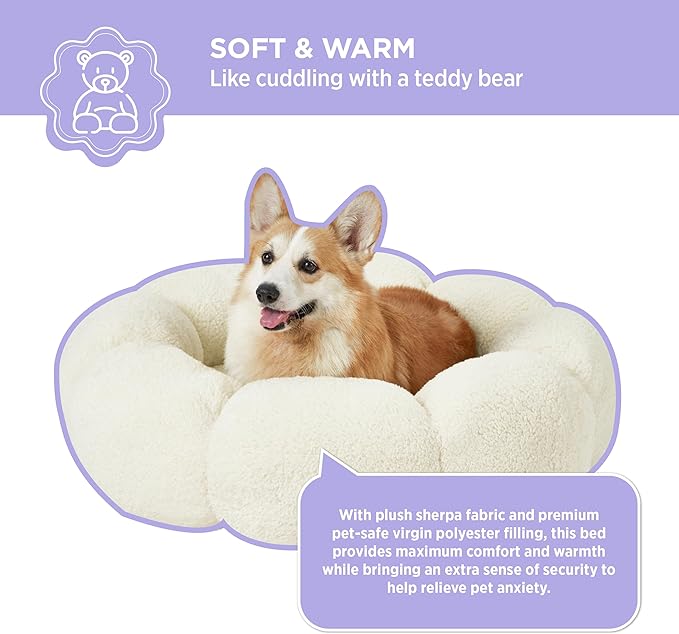 Lesure Calming Large Dog Bed - Flower Donut Round Fluffy Puppy Bed in Plush Teddy Sherpa, Non-Slip Cute Flower Dog Beds, Large Pet Bed Fits up to 100 lbs, Machine Washable, Cream 36"