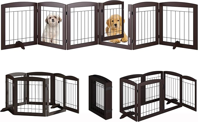 Folding Pet Gate 120" Wide, 24" Tall No-Assembly Wooden Dog Gate with Door Walk Through, Freestanding Wire Pet Gate, Pet Puppy Safety Fence, with 2PCS Support - Espresso