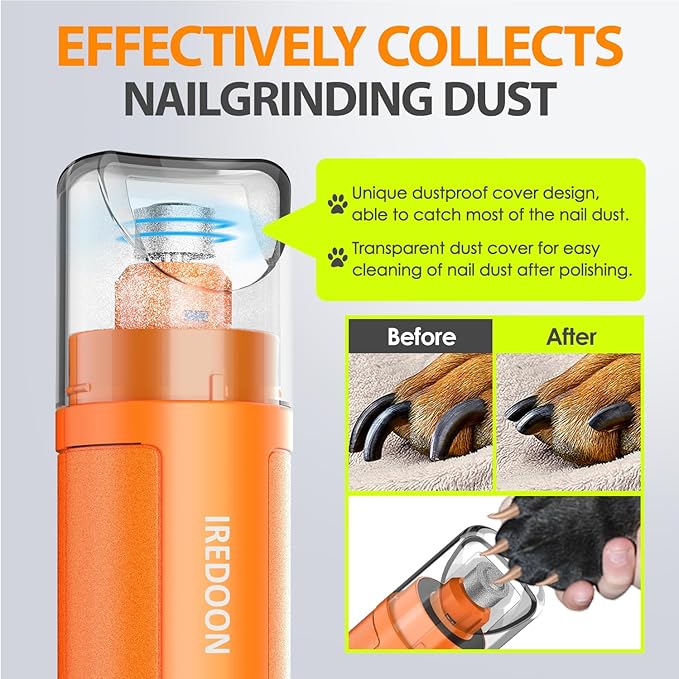 Dog Nail Grinder Upgraded - Professional 3-Speed Super Quiet and Low Vibration Electric Pet Nail Grinder with 4 LED Lights - Painless Paws Grooming & Smoothing for Small to Large Dogs (Orange)