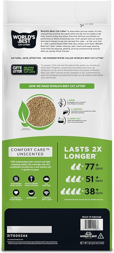 WORLD'S BEST CAT LITTER Comfort Care Unscented, 32-Pounds - Natural Ingredients, Quick Clumping, Flushable, 99% Dust Free & Made in USA - Long-Lasting Odor Control & Easy Scooping packaging may vary