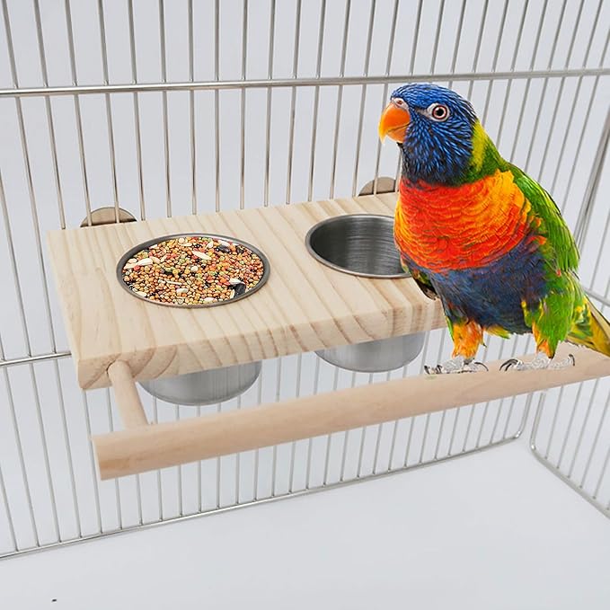 Bird Food Stainless Steel Cups, Parrots Feeding Dish Cups with Wooden Platform, Wooden Perch Stand Hanging Feeder Bowls Feeding, Bird Feeding Dish Cups for Parakeet Lovebirds Cockatiels Budgie