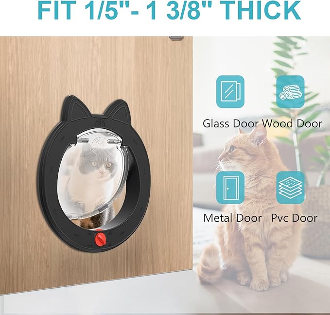 Pet Door, Cat Door for Interior Exterior Doors, 7.5" x 7.5" Inner Frame, 4-Way Locks, for Cats and Small Dogs, Easy to Install, Suitable for Interior and Exterior Doors, Black