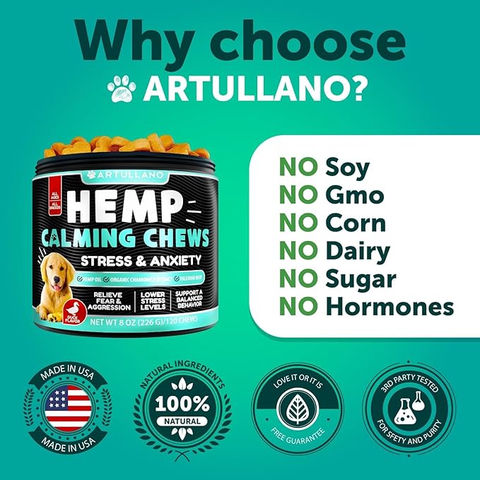 Hemp Calming Chews for Dogs - Advanced Dog Calming Chews - Anxiety Relief Treats - Dog Anxiety Relief Health - Sleep Aid - Hemp Oil - Hip and Joint Support Supplement - Made in USA - 120 Chews