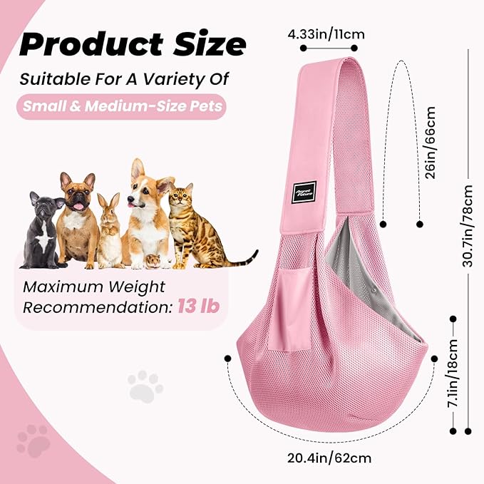 Dog Carrier Sling, Hand-Free Dog Sling Carrier for Small Dogs and Cats，Travel Safety Puppy Bag (Pink)