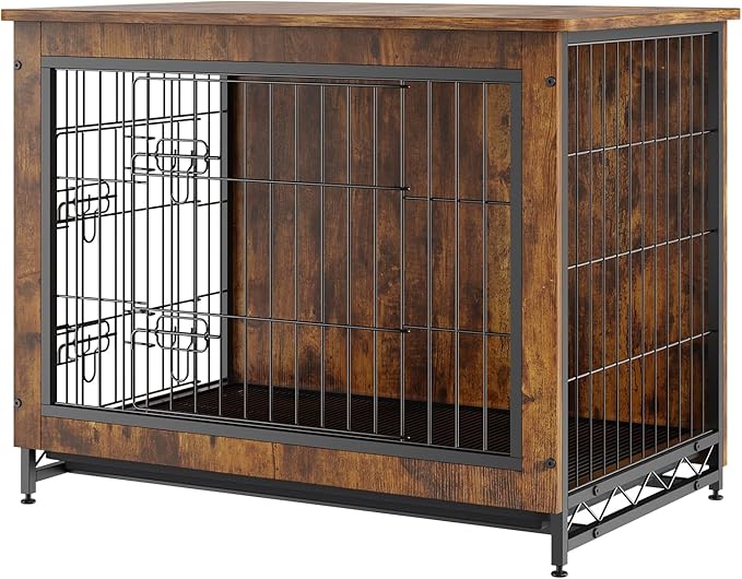 VEVOR Dog Crate Furniture, 32 inch Wooden Dog Crate with Double Doors, Heavy-Duty Dog Cage End Table with Multi-Purpose Removable Tray, Modern Dog Kennel Indoor for Dogs up to 45lb, Rustic Brown