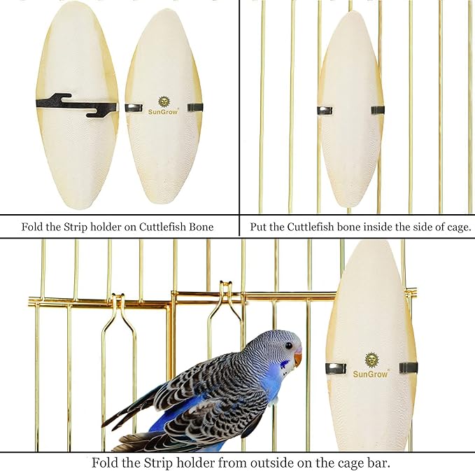 SunGrow 4 Pack Cuttlefish Bones for Cockatiels, Turtles, Shrimp, Dog Calcium Supplement, Cuttlebone Cage Holder Included