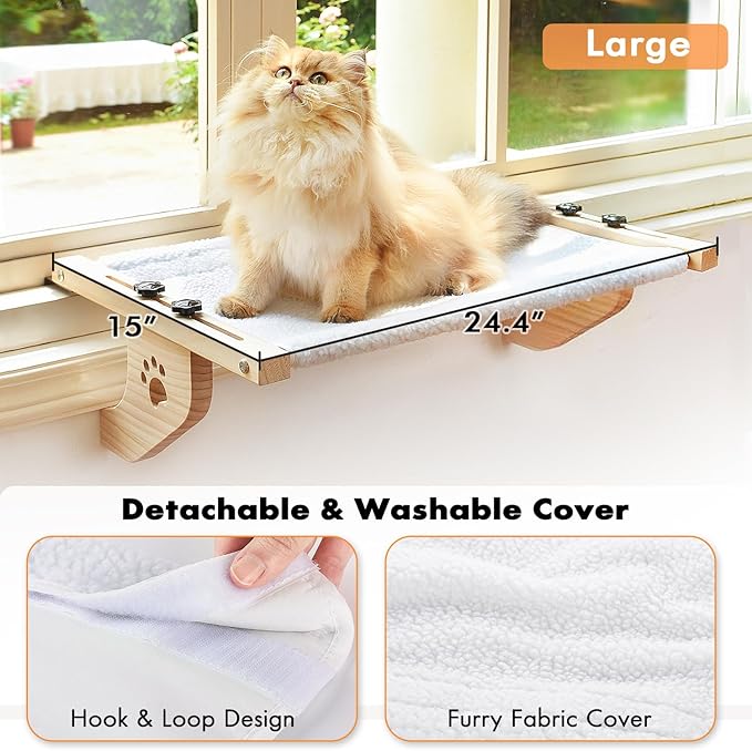 AMOSIJOY Cat Sill Window Perch Sturdy Cat Hammock Window Seat with Wood & Metal Frame for Large Cats, Easy to Adjust Cat Bed for Windowsill, Bedside, Drawer and Cabinet (24.4''-White Plush)