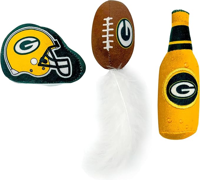 BEST PLUSH CAT TOY - NFL GREEN BAY PACKERS Complete Set of 3 piece Cat Toys filled with Fresh Catnip. Includes: 1 Helmet Cat Toy, 1 Football Cat Toy with Feathers & 1 Beer Bottle. Beautiful Team LOGOS