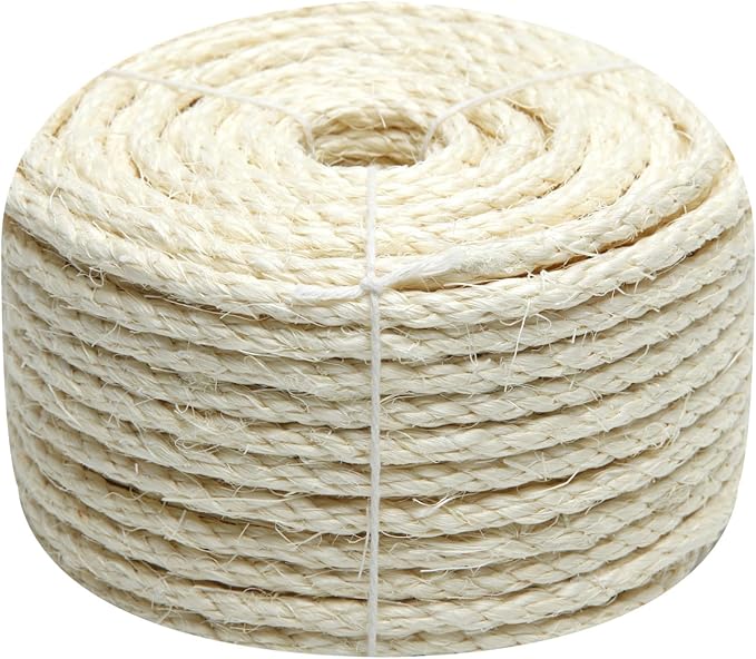 Natural Sisal Rope 1/4 Inch 32-Feet for Cat Tree Tower Repair and Replace Scratching Post, DIY Hemp Twine Rope for Cat Scratching Furniture Window Perch and Crafts Gardening Home Decorating