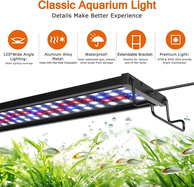 AQQA Fish Tank Light for Plants Aquarium Light with Timer 14 Colors Adjustable Full Spectrum LED Fish Light Waterproof Dimmable Light for Fish Tank 47-55 Inch (45W)