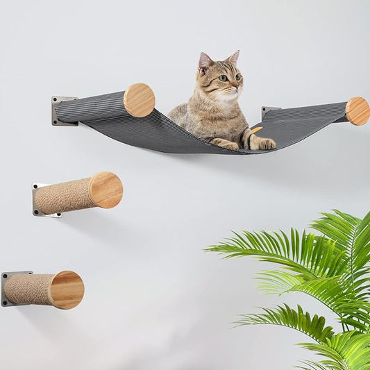 Cat Hammock Wall Mounted Large Cat Perch with 2 Cat Wall Steps - Cat Wall Shelves for Indoor Cats or Kitty - Premium and Modern Cat Furniture for Sleeping, Playing, Climbing (Grey)