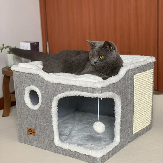 Cat Bed for Indoor Cats,Covered Cat Cave House & Furniture with Scratch Pad,Foldable Cat Hideaway Hut Cute Cat Condo with Soft Washable Mat for Multi Small Pet Under 30 lbs,light Grey