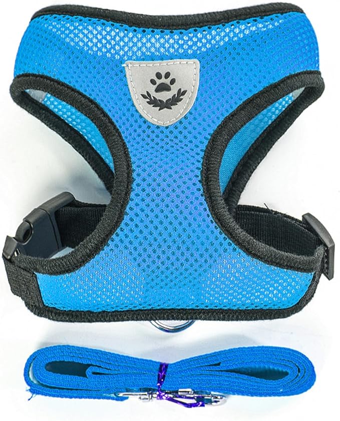 Cat Harness and Leash, Adjustable Soft Mesh, Anti-Escape, Reflective Design, Size M, Sky Blue