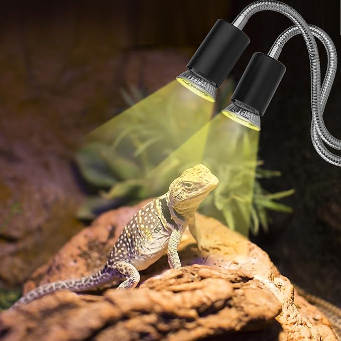 Reptile Heat Lamp,Double-Head Heating Lamp for Reptiles, UVA/B Turtle Lamp with Clamp, Separate Control, Turtle Light,Basking Light for Reptiles Bearded Dragon Turtle Snake, 3 Basking Bulbs.