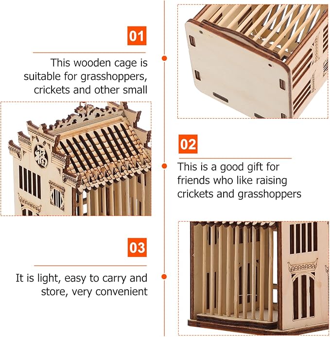 Balacoo Wooden House Grasshopper Cage Habitat Box Critter Cages Garden Hanging Insert Cage for Grasshopper Crickets Light Brown 2