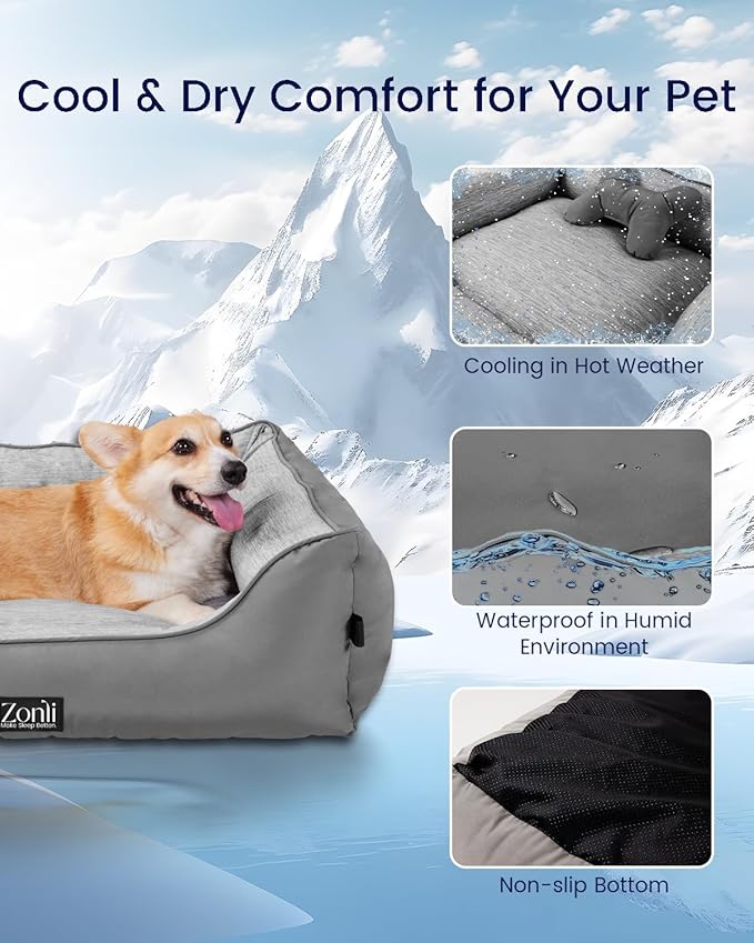 ZonLi Cooling Dog Bed, Dog Bed for Large Dogs, Dog Cooling Bed with Bolsters Waterproof, for Dogs Up to 40 lbs, Pet Bed with Washable Cover, Non-Slip Bottom, without Gel, Arctic Grey