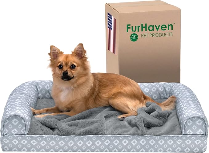 Furhaven Cozy Orthopedic Dog Bed for Medium/Small Dogs w/ Removable Bolsters & Washable Cover, For Dogs Up to 35 lbs - Plush & Diamond Print Nest Top Sofa - Gray, Medium