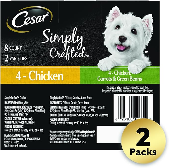 CESAR SIMPLY CRAFTED Adult Wet Dog Food Meal Topper Variety Pack, Chicken and Chicken, Carrots & Green Beans, 1.3 oz. Tubs, 8 Count (Pack of 2)