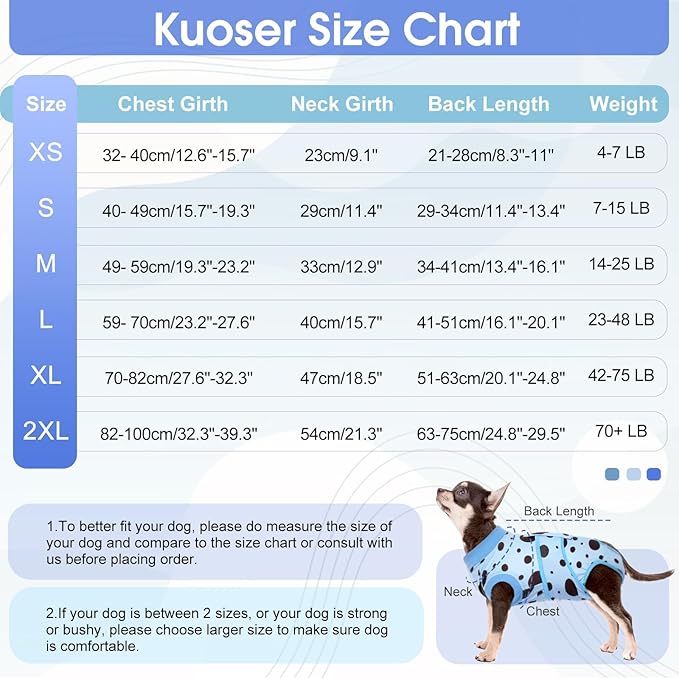 Kuoser Recovery Suit for Dogs, Soft Breathable Dog Recovery Suit Female Male Dog Onesie Alternative to Cone E-Collar, Dog Body Suits After Surgery, Pet Abdominal Anti Licking Shirt, Blue S