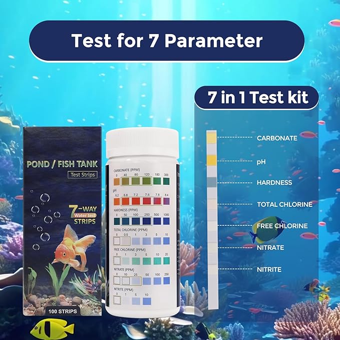 7 in 1 Aquarium Test Strips, 100 Strips Fish Tank Water Quality Test Freshwater Saltwater Test Kit for Test pH, Carbonate, Alkalinity, Hardness, Chlorine, Nitrite, Nitrate Aquarium Water Testing