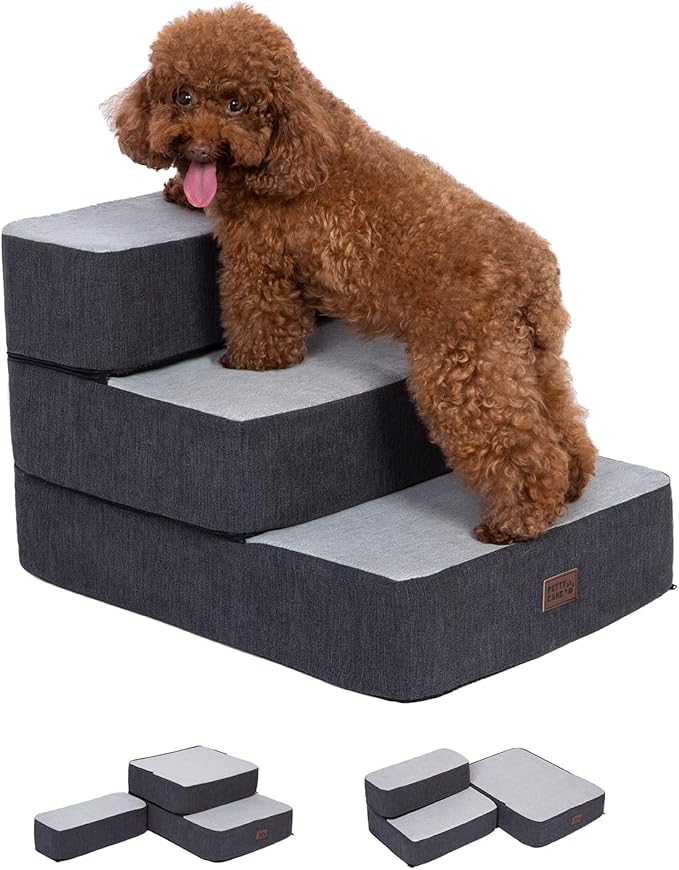 Dog Stairs for Small Dogs, Stitching Foam Pet Steps Extra Wide for High Beds Sofas and Chairs, DIY Pet Stairs Anti-skid Folding Dog Steps for Large Dog and Cats,3 Step, Grey