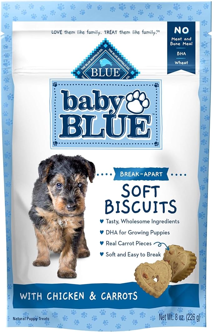 Blue Buffalo Baby BLUE Soft Biscuits with DHA, Natural Dog Treats for Puppies, Great for Training, with Chicken & Carrots, 8-oz. Bag