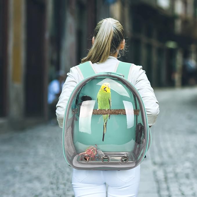 Bird Carrier Backpack Travel Cage with Perch, Breathable Clear Parrot Cockatiel Cage with Toy Stainless Steel Food Bowl Tray for Conures Parakeet Budgie Canary Lovebirds, Small Animal Pet Carrier Bag