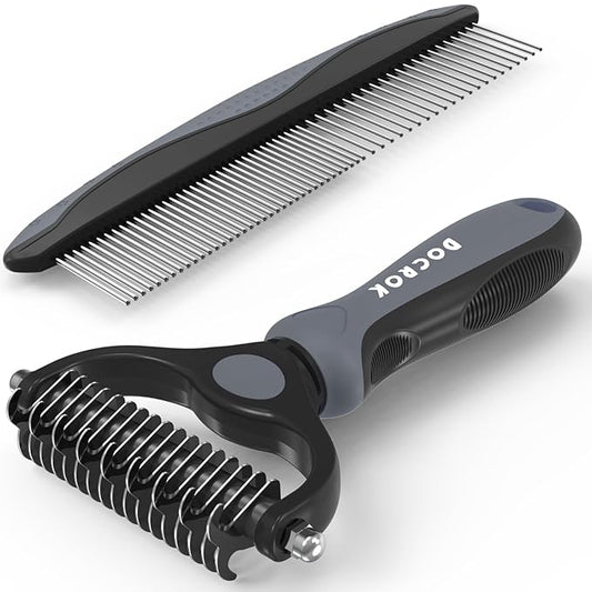 Pet Grooming Brush and Metal Comb Combo, Cat Brush Dog Brush for Shedding, Undercoat Rake for Dogs Grooming, Dematting Deshedding Brush Dogs Shedding Tool for Long matted Haired Pets, Gray