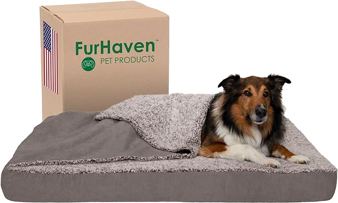 Furhaven Memory Foam Dog Bed for Large Dogs w/ Removable Washable Cover, For Dogs Up to 95 lbs - Berber & Suede Blanket Top Mattress - Gray, Jumbo/XL