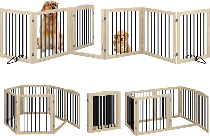 Folding Pet Gate 144" Wide, 30" Tall No-Assembly Wooden Dog Gate with Door Walk Through, Freestanding Pet Gate, Puppy Safety Fence, with 2PCS Support - Natural White