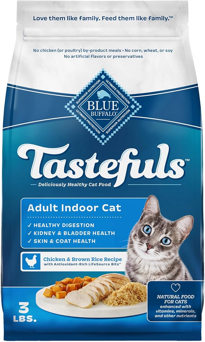 Blue Buffalo Tastefuls Adult Dry Cat Food Indoor Cat Formula, Made in the USA with Natural Ingredients, Chicken & Brown Rice Recipe, 3-lb. Bag