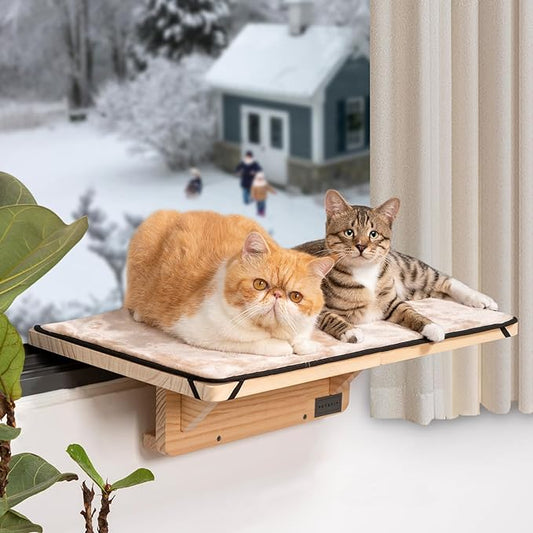 Petsfit 2 Cats Design Cat Window Perch, Natural Wood with Removable Fleece Mat Space Saving Cat Window Seat for Cats