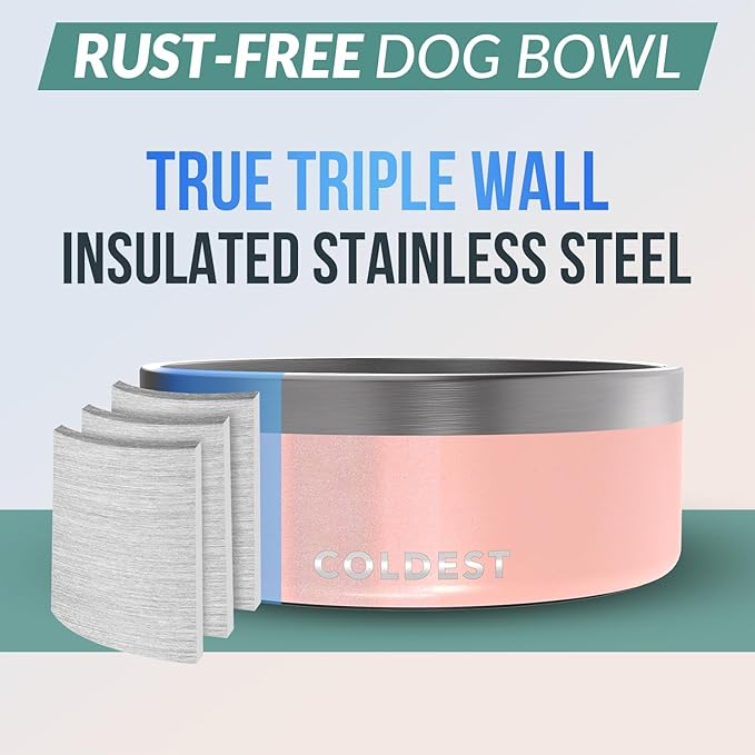 Coldest Dog Bowl, Anti Rust Metal & Non Slip Dog Bowls Large, Spill Proof Heavy Duty 3 Layers Insulated Dog Bowl, Food & Water Bowl for Dogs, Cats, Dishwasher Safe (64 oz, Forever Pink Glitter)