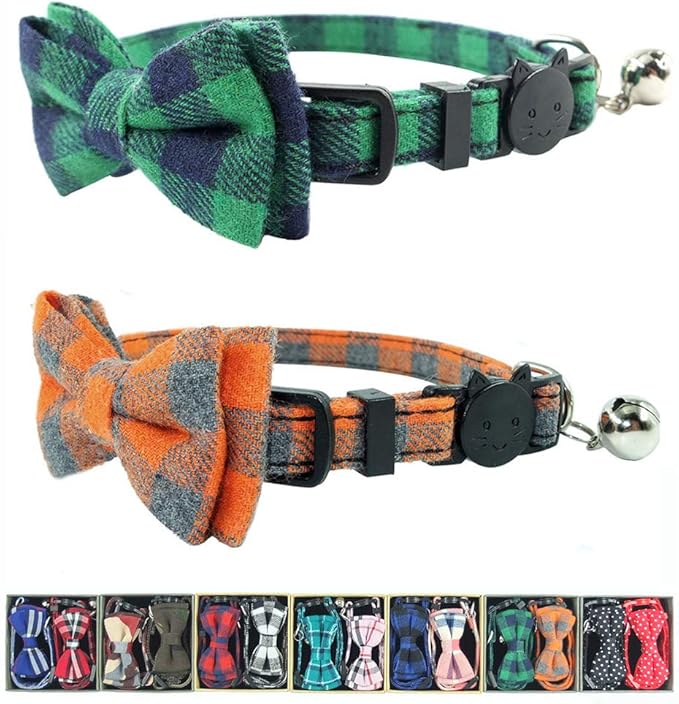 Cat Collar Breakaway with Bell and Bow Tie, Plaid Design Adjustable Safety Kitty Kitten Collars Set of 2 PCS (6.8-10.8in) (Green&Orange Plaid)