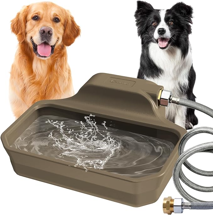 135OZ Automatic Water Dispenser for Large Dogs Patented Fit 3/4in GHT Male Faucet, Outdoor Animal Water Bowl Include Water Valve, 5ft Water Hose, Copper Connector, Large Drinking Area, Brown