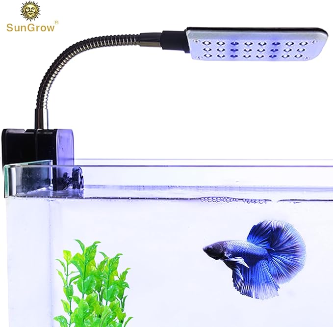 SunGrow LED Aquarium Light for Fish Tank, 24 LEDs, White & Blue Adjustable 360° Flexible Metal Arm Small Aquarium LED Light for Nano Tank, Install on Dog & Cat Crate for Security, Kitten & Puppy Care