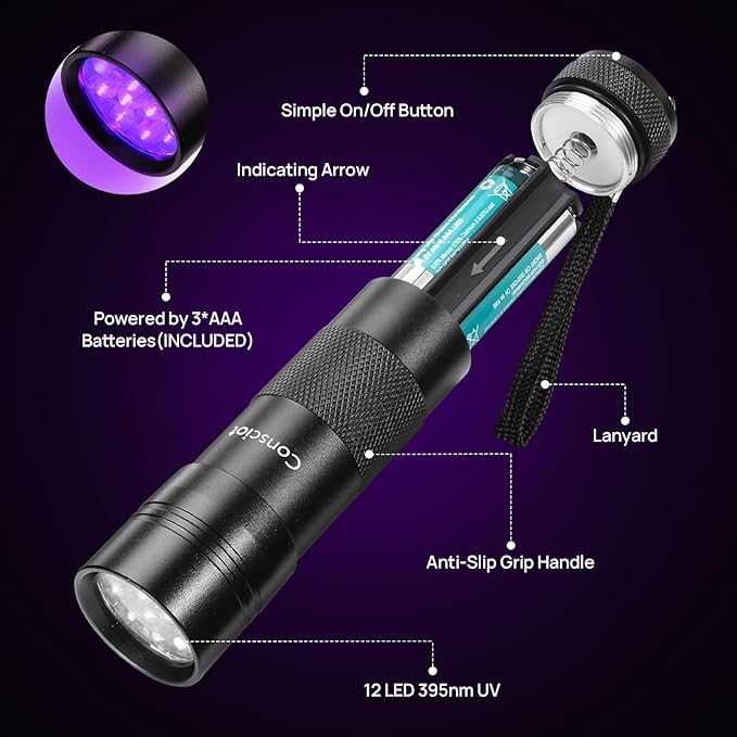 Consciot 2 Pack UV Flashlight Black Light, 12 LED 395nm Ultraviolet Blacklight, Portable Mini Torch Light Pet Urine Detector for Dog/Cat Urine, Dry Stains, Bed Bug, Matching with Pet Odor Eliminator